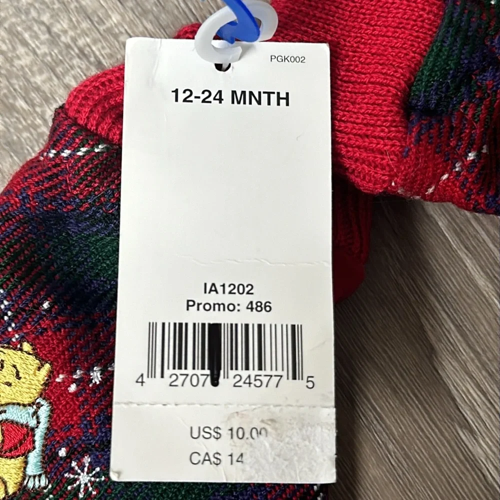 DISNEY Winnie the Pooh Plaid Red Velvet 12-24m Winter Mittens NWT